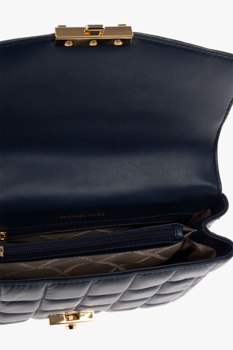 SKÓRZANA TOREBKA DAMSKA NA RAMIĘ Z ŁAŃCUSZKIEM GRANATOWA MICHAEL KORS SOHO 30F0G1SL3L UNIKALNY MODEL